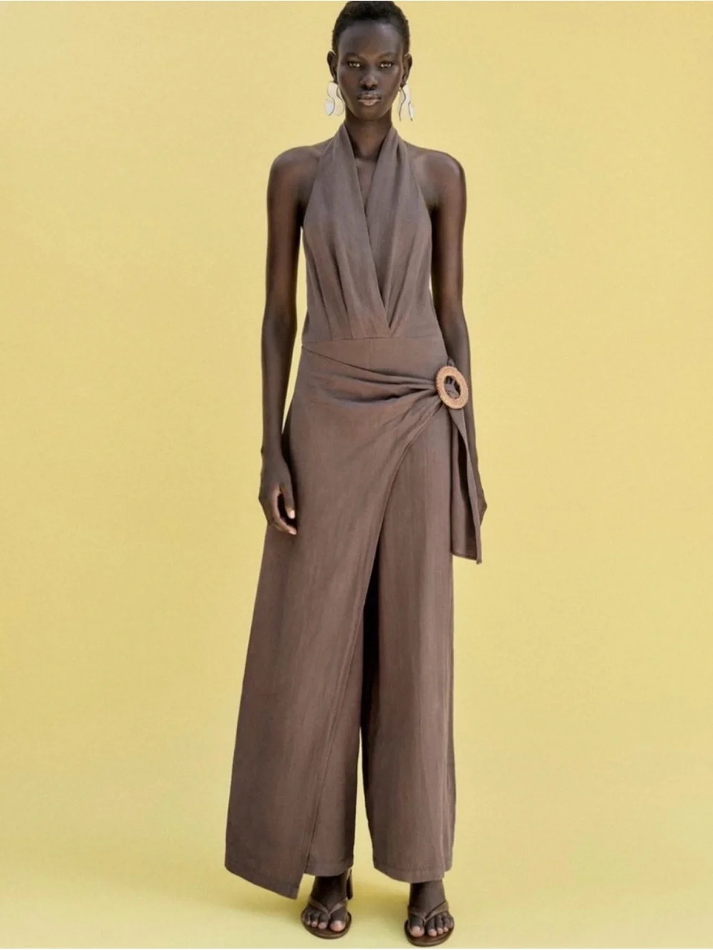 Zara Rami Jumpsuit Halterneck Crossover V-Neck Pareo w Buckle Open Back Brown L